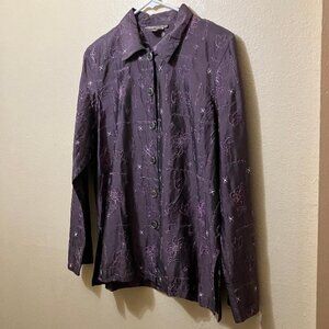 Isabella Bird Purple Floral Embroidered Long Sleeve Button Up Silk Shirt Medium
